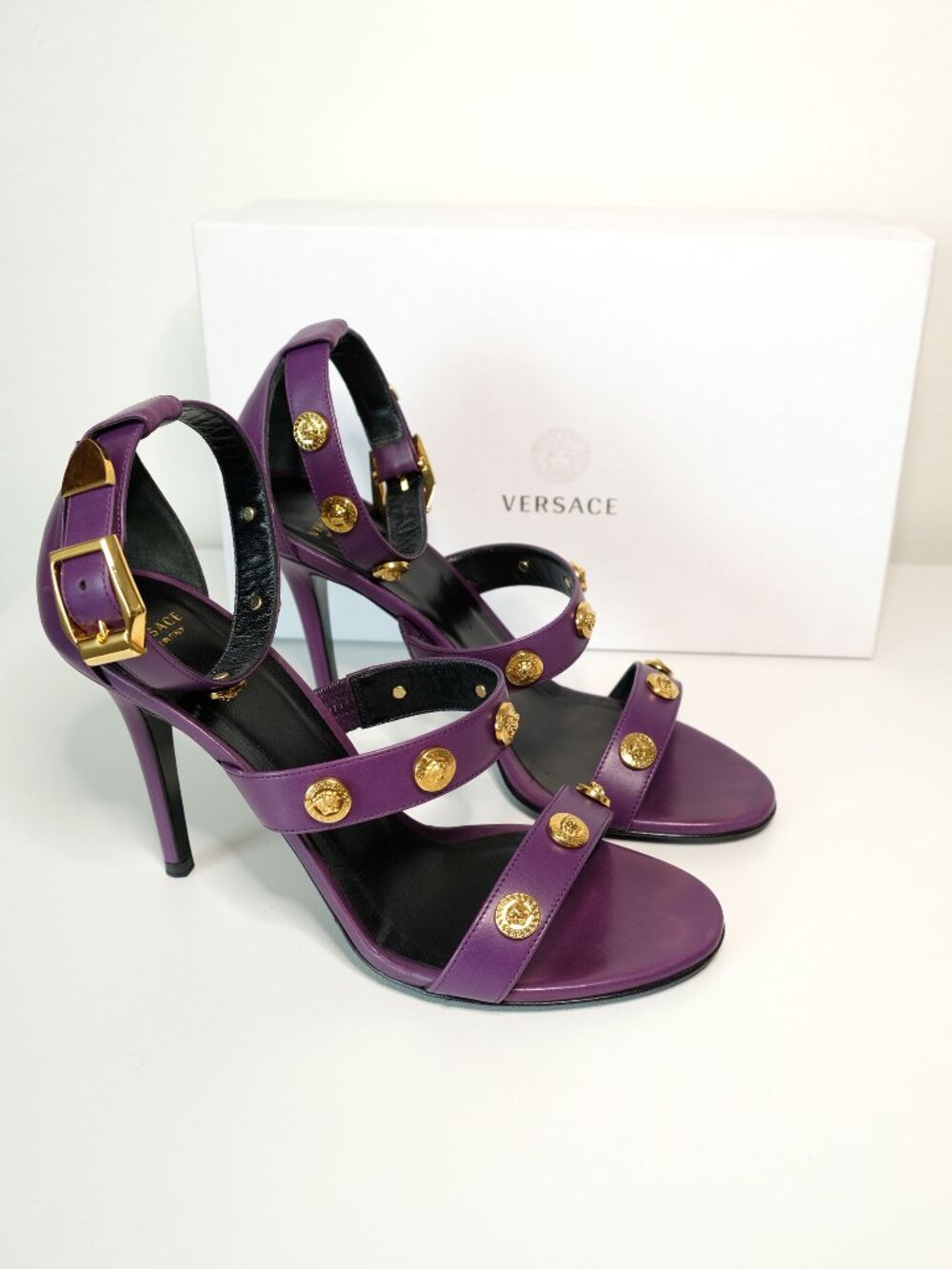 Versace Purple & Gold Strappy Stiletto, Size 38 (US 8)